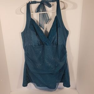 Torrid Dressy Teal Halter Top with Lace, Size 1